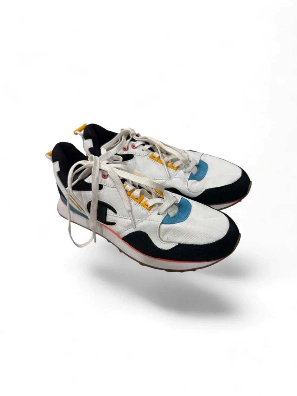 Champion White Black‎ Retro Runner Sneakers with Blue and Yellow Accents
